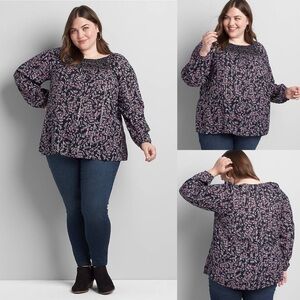 Lane Bryant Womens Floral Metallic Striped Smocked Neckline Boho Peasant Blouse